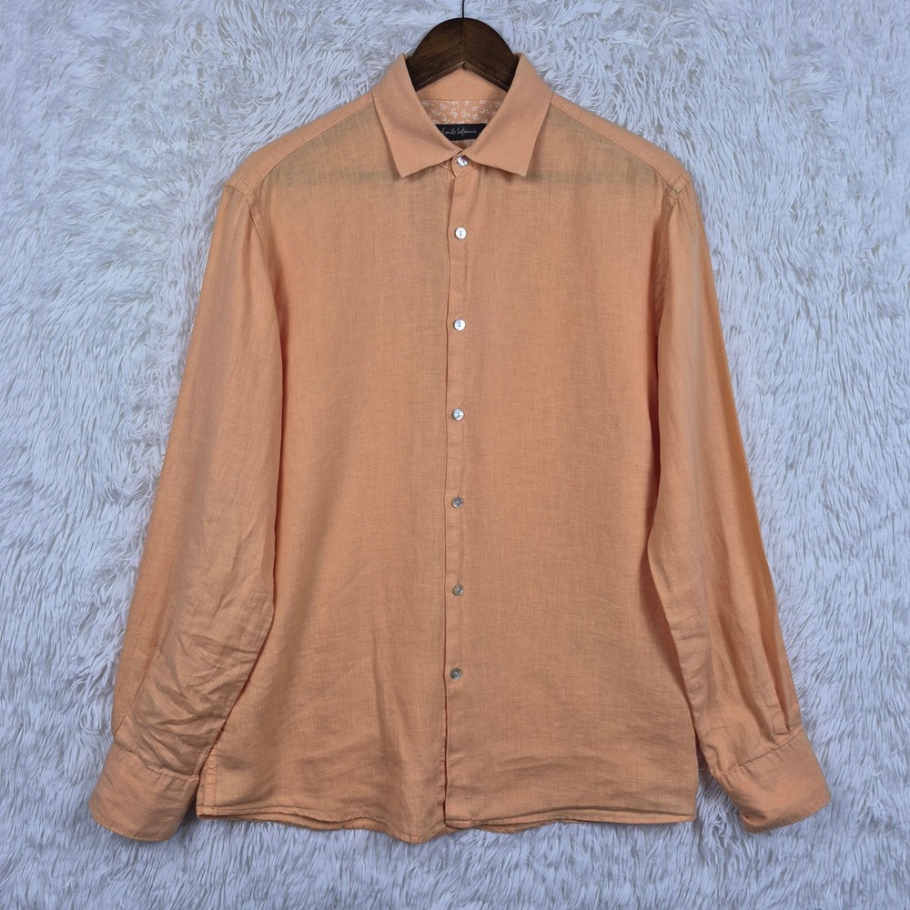 Emile Lafaurie Mens Peach Orange Linen Long Sleeve Button Down Shirt Size M